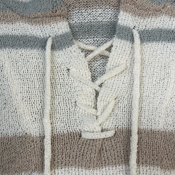 Hem & Thread Striped Hooded Sweater Lace Up Detail Women’s Small Blue Cream - Picture 3 of 3